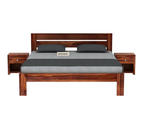 Image of Solid Sheesham Wood Queen Size Bed Without Storage | Wooden Double Bed Cot Palang for Bedroom Living Room Furniture (Honey Finish)