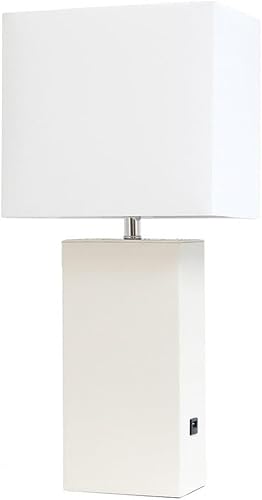 Elegant Designs LT1053-WHT Lámpara de mesa moderna de cuero con USB y pantalla de tela blanca, color blanco (paquete de 1)