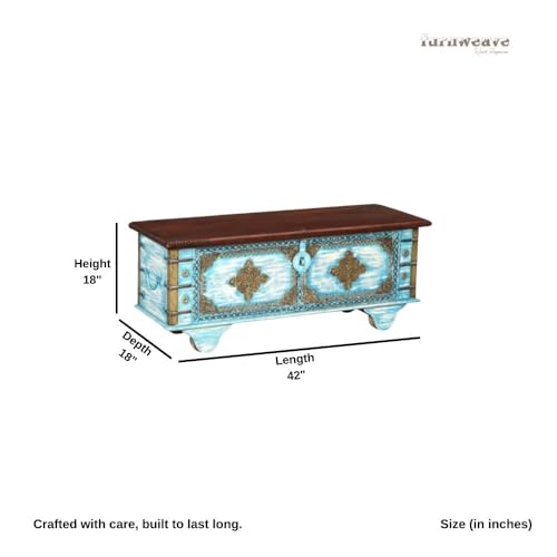 Image of Jave Wooden Trunk Box for Storage | Solid Wood Coffee Table for Living Room | Handcrafted Center Tea Table with Sandook Storage for Living Room | Pitara for Bedroom (Light Blue Distress)