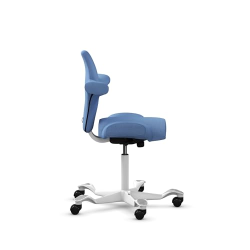 Image of HAG Capisco Sit to Stand Chair-White Frame-Upholstered Light Blue Washed