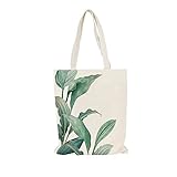 Fangkun Canvas Tote Bag for Women Reusable Grocery Bags, Green Leaves Printed Canvas Bag for School,