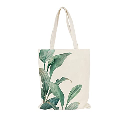 Leinen-Tragetasche für Frauen - Fangkun wiederverwendbare Einkaufstaschen, bedruckte Canvas-Tasche für Schule, Reisen und Einkaufen, Beige - grüne Blätter, Large Cover