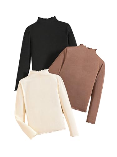 SOLY HUX Girl's Fall Tops 3 Pack Mock Neck Long Sleeve Tee Lettuce Trim Ribbed Knit T Shirt Multicolor 8Y