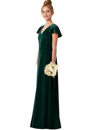 Junior Girls Bridesmaid Dress for Wedding Velvet Short Sleeves Flower Girl Dresses for Teen with Pocket3