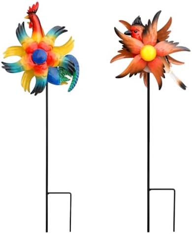 Wind Spinner 7.5 Inch Garden Set of 2 Wind Spinners Decor Iron Craft Animal Windmill for Outdoor Dynamic Whirligigs Wings Metal Garden Yard Stakes (Rooster & Bird)