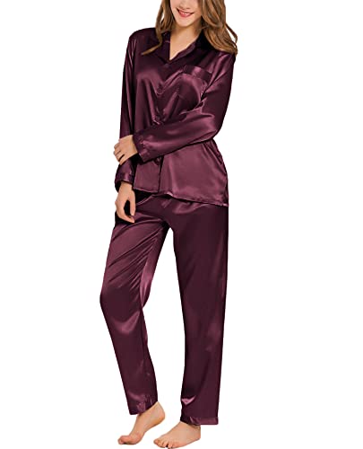 Image of SWOMOG Long Sleeve Pajamas Set Silk Satin Sleepwear Button Down Pjs Loungewear with Pocket