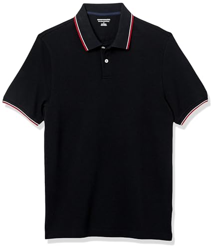 Amazon Essentials Men's Slim-Fit Short-Sleeve Cotton Pique Polo Shirt, Black Thin Stripe, X-Large