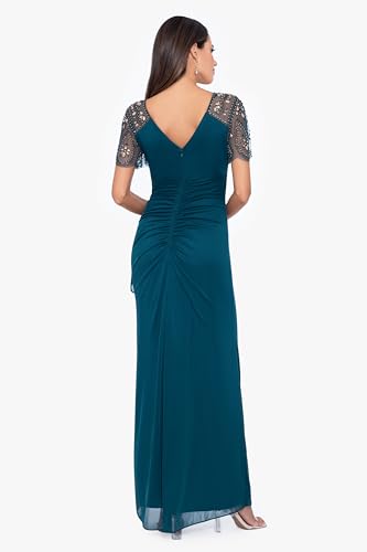 Image of Xscape Floor Length Jersey Knit Evening Gown with V-Neckline, Beaded Flutter Sleeves and Ruched Draping