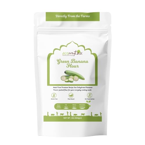 Ecomytra Green Banana Flour Raw & Unripe Sun-Dried Bananas Gluten Free High Fiber Plant Based Non-GMO Prebiotic Resistant Starch for Gut Health Perfect for Baking Smoothies & Paleo Diet 1lb (454g)