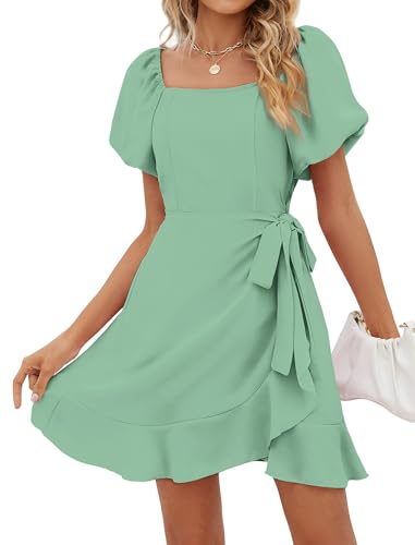 Image of Sampeel Womens Summer Dresses Square Neck Puff Sleeve Tie Waist Short Dress