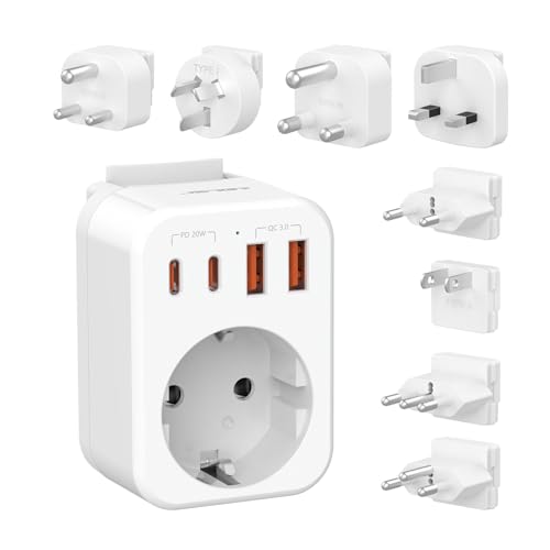 JSVER Enchufe de Viaje Universal con USB C(PD 20W) para Más de 200 Países,Adaptador Enchufe Universal con 8 Enchufes reemplazables Type B/G/C/A/I/M/L/J, Cargador para USA/UK/EU/AUS/Japón/IT-Blanco