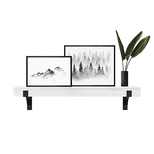 Image of Master & Co. Modern Floating Fireplace Mantel with Black Metal Brackets, Long Floating Shelves for Wall Decor, 48 inches, White Woodgrain