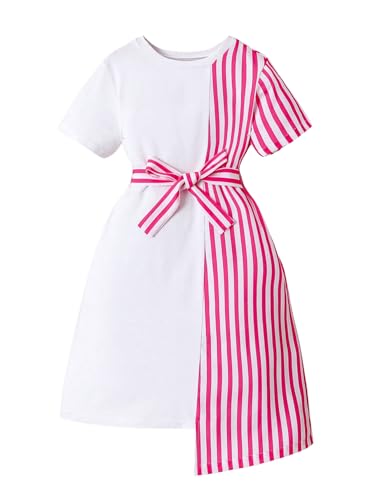 WDIRARA Girl's Striped Round Neck Short Sleeve Asymmetrical Hem Belted Dress