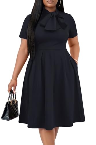 Image of FANDEE Midi Dress for Women Casual Short Sleeve A-line Semi Formal Fit and Flare Dress Classy Tie Neck Work Business Dresses