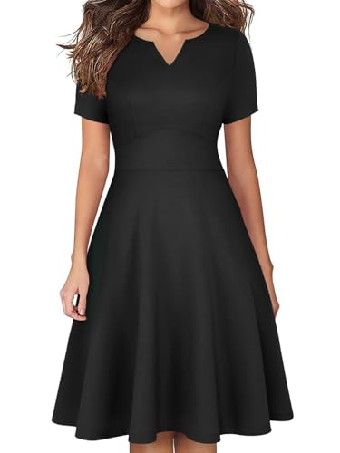 YATHON Women's Short Sleeve Vintage A Line Dress Fit and Flare Summer Cocktail Party Work Dresses with Pockets