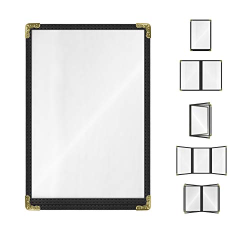 Goodsmart Restaurant Menu Covers – 25 Pack Black 2-View, Top-Loading Menu Holders, Vinyl &amp; Plastic Café Menu Covers, Clear Menu Sleeves, Fits 5.5" x 8.5", Leather-Style Design, Gold Corners
