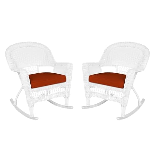 Jeco Rocker Wicker Chair with Red Cushion, Set of 2, White