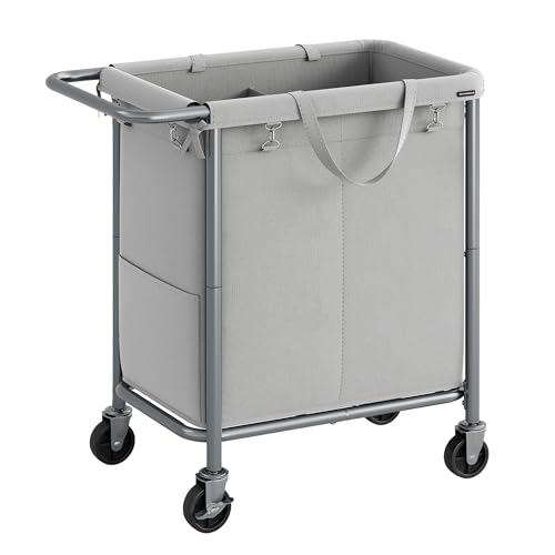 SONGMICS Laundry Basket with Wheels, 2-Section Rolling Laundry Hamper, 37 Gallons (140 L), Removable Liner, Steel Frame with Handle, 27.2 x 15.4 x 31.9 Inches, Dove Gray URLS004G01 Dove Grey