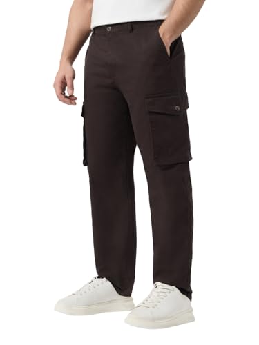 Image of The Souled Store Cargo Pants: Espresso Men and Boys Elastic Waistband Brown Solid Twill Stretchable Lightweight Everyday Wear Casual Cotton Straight Fit Cargo Pants