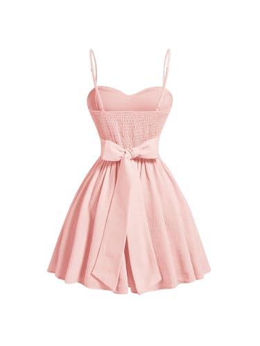 Image of GORGLITTER Women's Bow Tie Back A Line Swing Short Cami Dress Flared Flowy Smocked Cocktail Sundress Pink X-Small