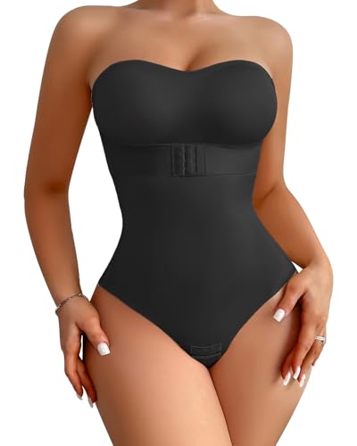 Image of Seamless Shapewear Bodysuits for Women V Neck Body Shaper Tummy Control Adjustable Straps Thong Bodysuits Black XL
