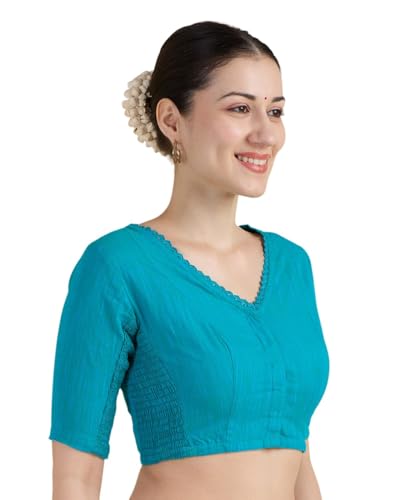 Image of Studio Shringaar Women's Handloom Cotton Side Stretchable (Smocked) Readymade Saree Blouse with Crochet Neckline