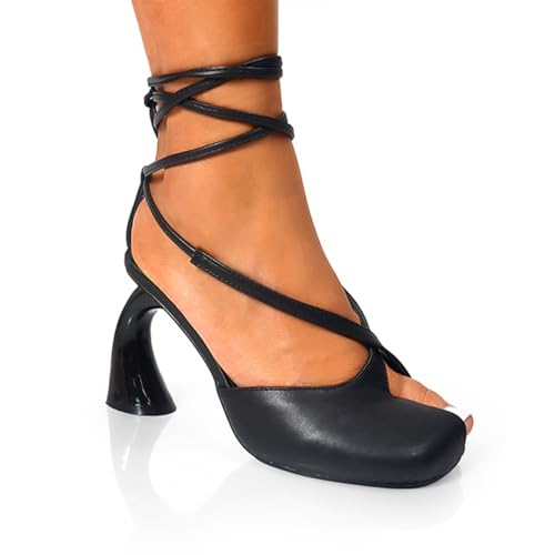 Liliana Women Chunky Block Heel Pump Shoe Lace up Strappy Sandals Pirate-1 Black 8
