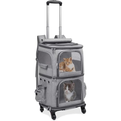 Hinniuy キャスター付き2匹猫用ポータブルバックパック 小型 2段犬用キャリー ペットバックパック 猫用トロリー 大容量 通気性 旅行 入院 輸送 災害避難に最適 (ブラック,タイロッドの取り外し)
