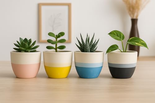 Image of Yo Green Ceramic Pot Indoor /Outdoor Plant - Modern Planter for Home and Office, Durable Ceramic, Stylish Finish with Vertical Ridges, Great Gift Idea (Single Pc, White /Peach)