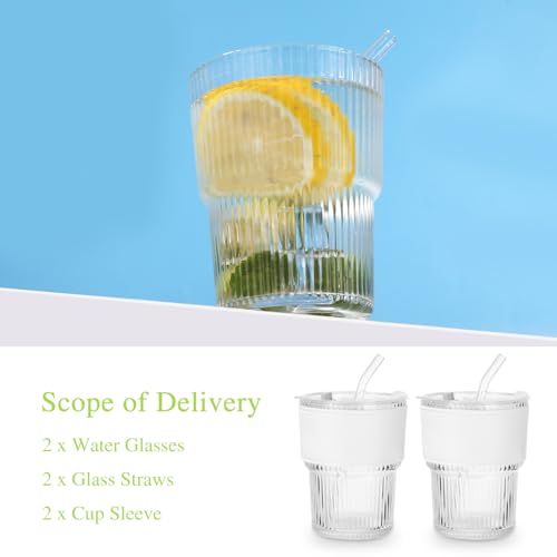 2 Pezzi Bicchiere con Cannuccia e Coperchio, Bicchieri a Righe da 450 ml con Manicotti Tazze, Design a Tenuta Stagna, Bicchieri Frullato in Vetro Trasparente Cocktail Bicchieri da Caffè Freddo - immagine 5