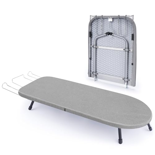 Klappbares Tischbügelbrett mit Eisenständer, Kleines Bügelbrett mit Anti-Rutsch-Klappbeine, Stabil Metallgewebe Bügelbrett für Wohnheime, Wohnungen und Reisen, 83x31 cm, Grau