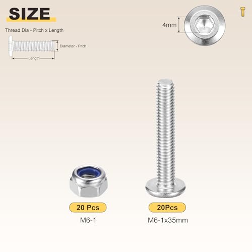 Image of METALLIXITY Crib Screws Replacement Set(M6-1x35) 40Pcs, Silver Tone, 304 Stainless Steel Hex Socket Screws with Lock Nuts - for Furniture Woodworking Project, Silver Tone