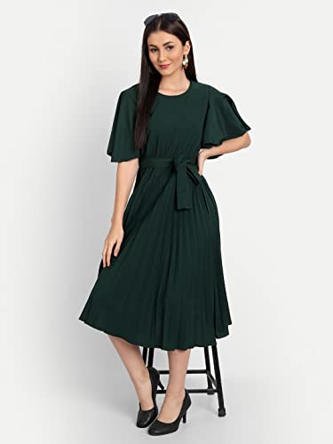 Image of KUDUZO Women's Crepe Long Pleated Below Knee Length Flutter Sleeve Round Neck S to XL Maxi Dress for Girls. (EG-U0IM-B9A1)