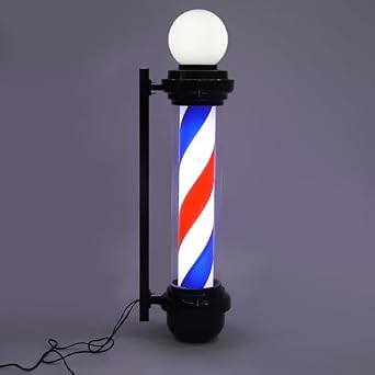 32Inch Barber Pole Red White Blue Stripes with LED Light,Traditional Barber Pole Outside Barber Shop Rotating Light