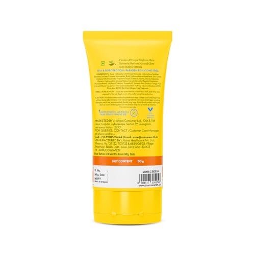 Mamaearth Vitamin C Daily Glow Sunscreen with Vitamin C & Turmeric | For Sun Protection, Tan Protection & Glow | SPF 50 & PA++++ Protection | No White Cast | Lightweight & Non-Sticky | Brightens Skin | In-Vivo Tested | For All Skin Types | 50 g