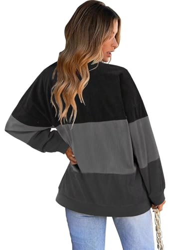 KISSMODA Women's Casual Long Sleeve Sweatshirt Color Block/Solid Crewneck Corduroy Pullover Cute Tops