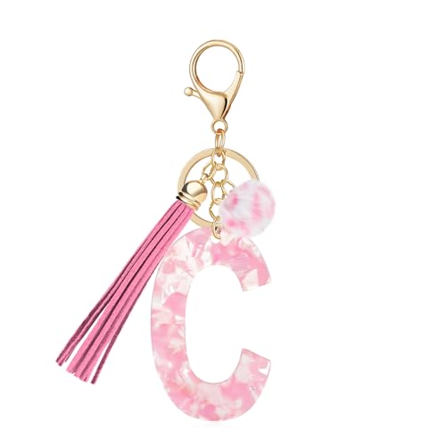 OKAICEN Pink Faux Tortoiseshell Pattern Initial Letter 'C' Keychain for Women Girls, Leopard Print Acrylic Alphabet Key Ring with Tassel & Pom Pom, Bag Charm for Car Keys Handbag Backpack Purse