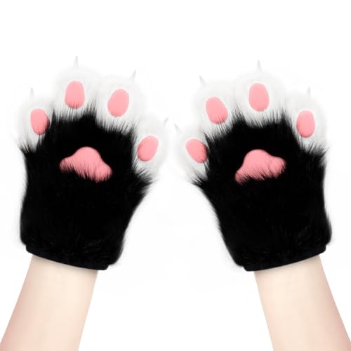 hbbhml Kunstpelz Plüsch pelzige Katze Kralle Handschuhe Fursuit Tier Fuchs Pfoten Fäustlinge Halloween Kostüm Zubehör für Erwachsene