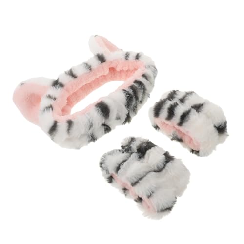 OATIPHO Diadema y Pulseras Elásticas para Cuidado Facial, Set de 1 Diadema Gato en Color Claro y 2 Muñequeras, Accesorio y Esponjoso para Maquillaje, Spa, Limpieza y Rutina