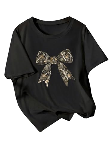 Girl's Bow Shirt Camo Graphic Tees Short Sleeve Cute Crew Neck T Shirt Vacation Summer Tops