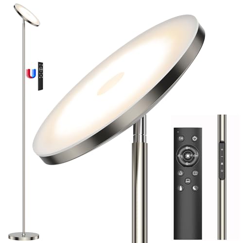 Modlicht 30W Deckenfluter LED Dimmbar Silber, 3330lm Stehlampe Dimmbar mit 6 Szenemodi, 3000K-6000K Stehleuchte Wohnzimmer mit Fernbedienung&Touch Steuerung, Standlampe LED f&uuml;r Schlafzimmer, B&uuml;ro