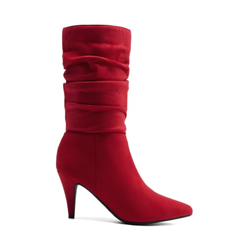 DREAM PAIRS Women's High Heel Mid Calf Boots Slouchy Pointed Toe Fall Boots,Size 8,Red/Suede,KIMLY