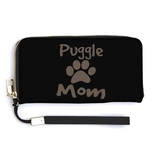 Puggle Mom Leather Wallet Fashion Bifold Purse Long Pouch with Wrist Strap for Men Women