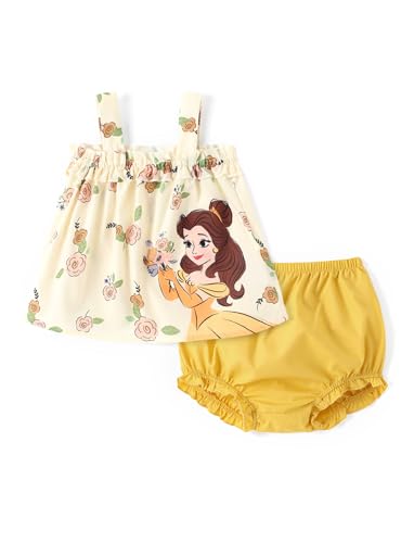Image of Disney Princess Baby Girl Clothes: Floral Sleeveless Ruffle Tunic Top & Bloomer Diaper Cover Set Newborn Summer Outfits