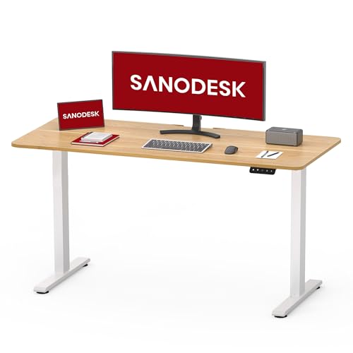 SANODESK Höhenverstellbarer Schreibtisch 100×60 cm mit Durchgehender Tischplatte – kompakter Standing Desk & Sitz-Steh-Tisch für kleine Räume, ergonomisch & stilvoll, Ahorn