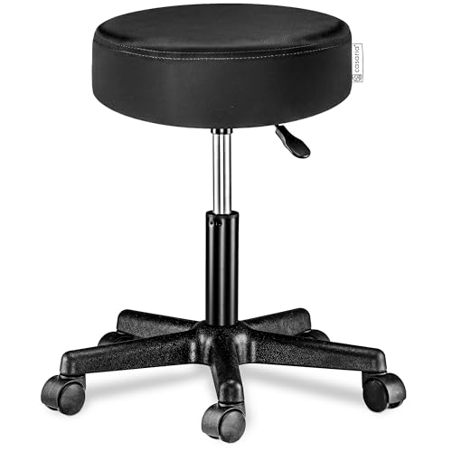 CASARIA® Taburete Ruedas Altura Regulable 46-60cm Giratorio 360° Acolchado 10cm Redondo Ø 35cm Negro
