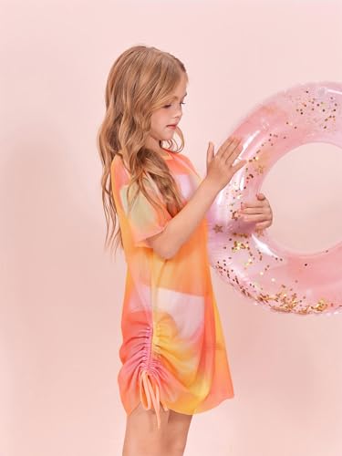 Image of Batermoon Girls Mesh Swim Cover Up Kids Summer Tie Dye Hollow Out Beach Coverup with Drawstring 5-14 Years