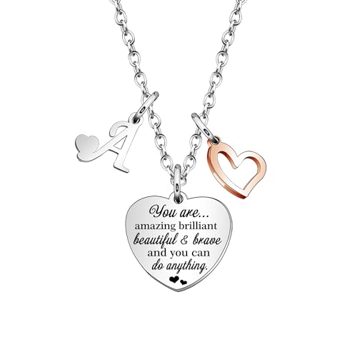 KENYG Necklace Gift for Boys Girls Heart Shape Pendant Necklaces With 26 Initial Letters Inspirational Necklace for Daughter Niece Sistes Best Friends (A)