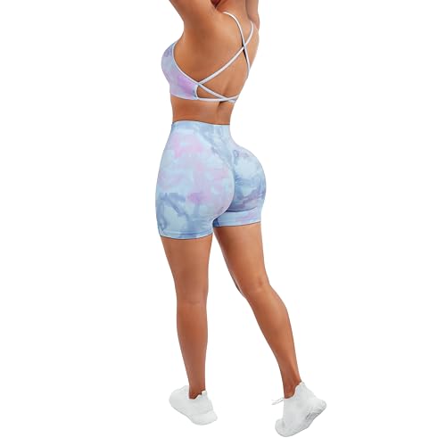 Image of SUUKSESS Women Seamless Workout Sets Strappy Sports Bra High Waist Booty Shorts Outfits