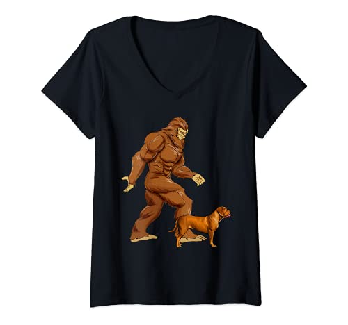 Womens Funny Bigfoot Walking Dogues de Bordeaux Sasquatch Dog V-Neck T-Shirt, Black